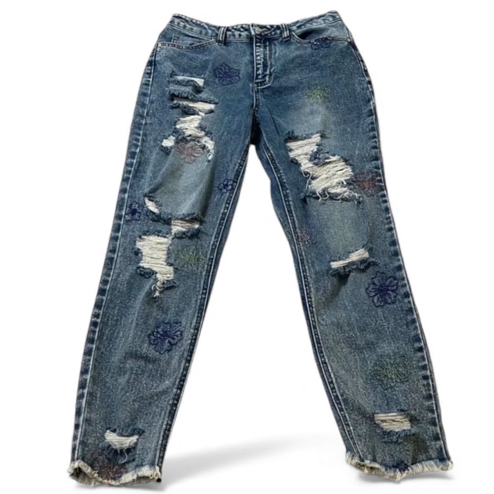Distressed Embroidered Floral Boyfriend Jeans Raw Hem Boho Grunge Size 9 - Picture 2 of 10